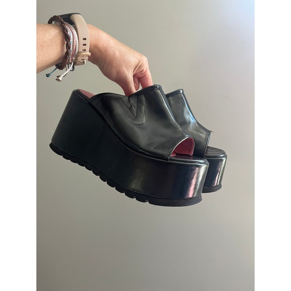 Yosuke USA Shoes - Black Cyber Goth Platform Wedge Sandals sz 9 / L Punk Peep Toe Mules Cult Gothic